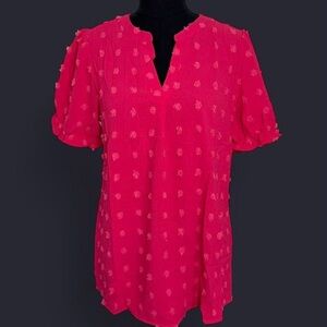 MEROKEETY Woman's Pink V Neck Ruffle Short Sleeve Blouse Swiss Dot Tunic Medium